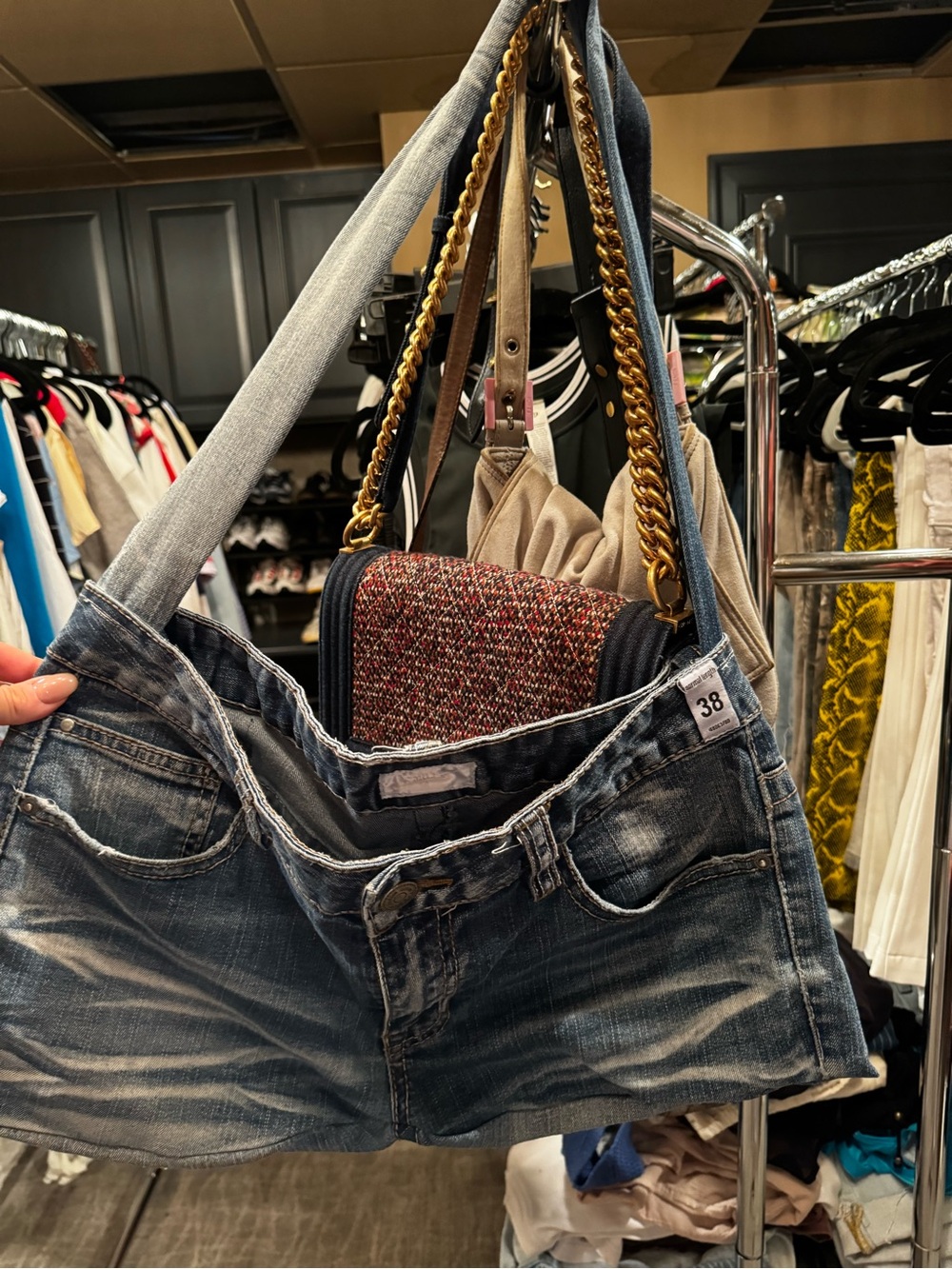 Denim Shoulder Bag with Tweed Insert - Blue